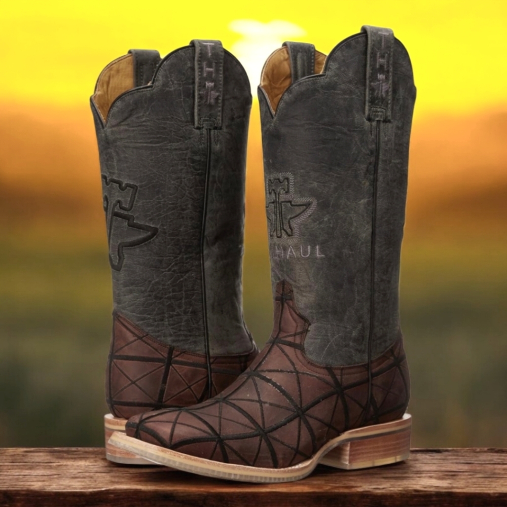 TIN HAUL "Derrick" Brown & black charcoal leather square toe cowboy boots sz 8EE